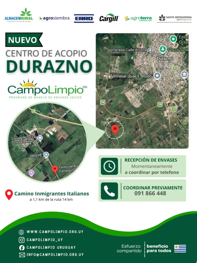 📍 ¡Durazno ya tiene Centro de Acopio CampoLimpio!

Después de varios años de planificación, hoy podemos decir que este proyecto se hace realidad. 💚

Sumamos un nuevo punto a nuestra red, ubicado en una zona estratégica del país y pensado para brindar una solución real, cercana y accesible a los productores de Durazno y zonas cercanas.

📌 Nos encontrás en el Camino Inmigrantes Italianos, a 1,2 km de la Ruta 14.

Por el momento, la recepción de envases será con coordinación previa al 📲 091 866 448.

📍 ¿Querés saber cómo llegar? En nuestra web, en la sección “Mapa de centros”, podés encontrar la ubicación y toda la información de interés del centro.

🙌 Este logro también es fruto del trabajo conjunto. Gracias especialmente a los distribuidores de la zona, que acompañaron y fueron fundamentales para concretar este nuevo hito para CampoLimpio.

Seguimos creciendo. Seguimos acercando soluciones. Seguimos construyendo una gestión responsable de los envases en todo el país.

#CampoLimpio #Durazno #CentroDeAcopio #GestiónDeEnvases #Uruguay #MedioAmbiente #ProducciónResponsable

@almacenrural 
@agrosiembra_nutirel 
@barracaerro 
@cargill 
@agroterrauruguay 
@santabernardina_agronegocios